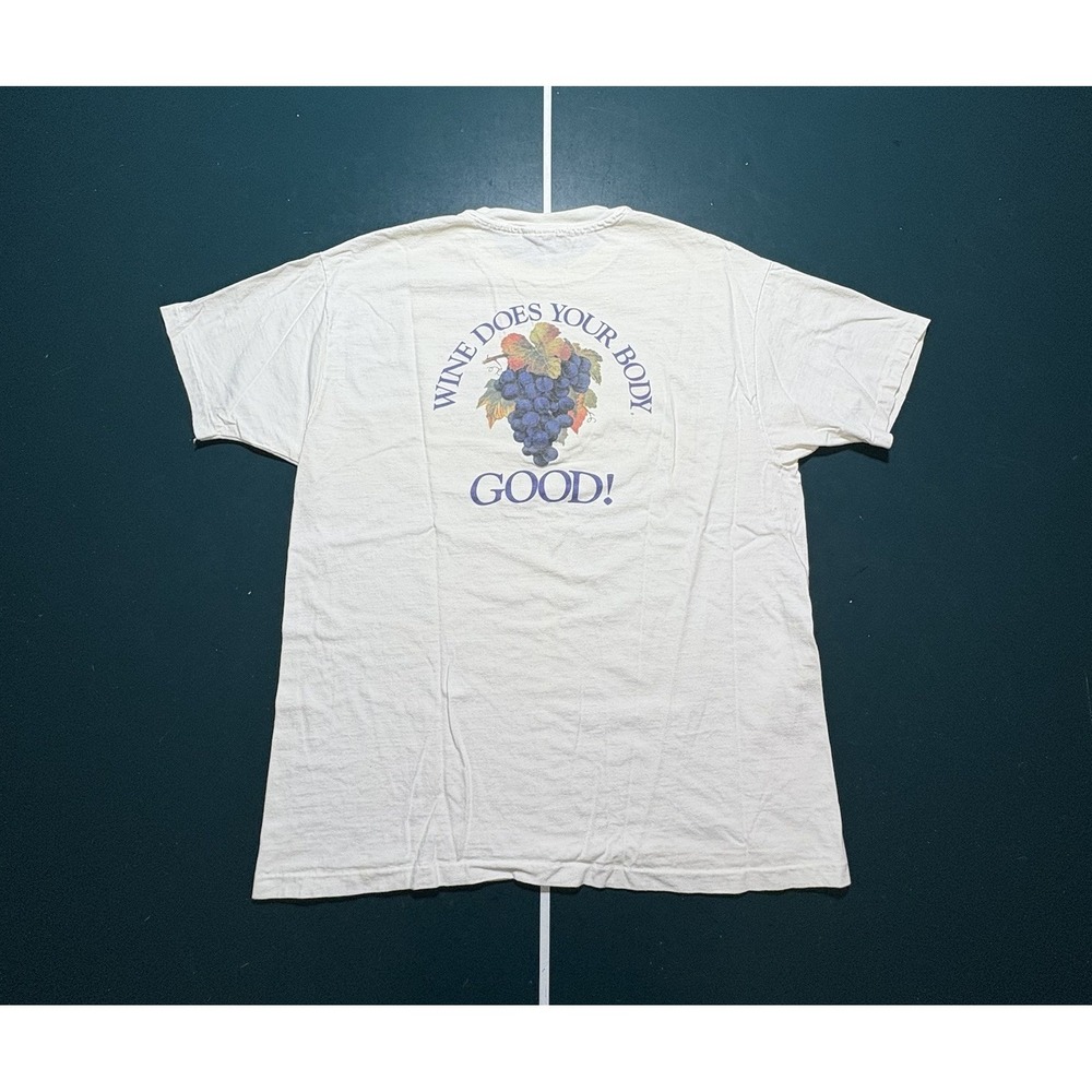 Vintage 90s Wine Does Your Body Good T Shirt Men's XL White Grapes Funny Art